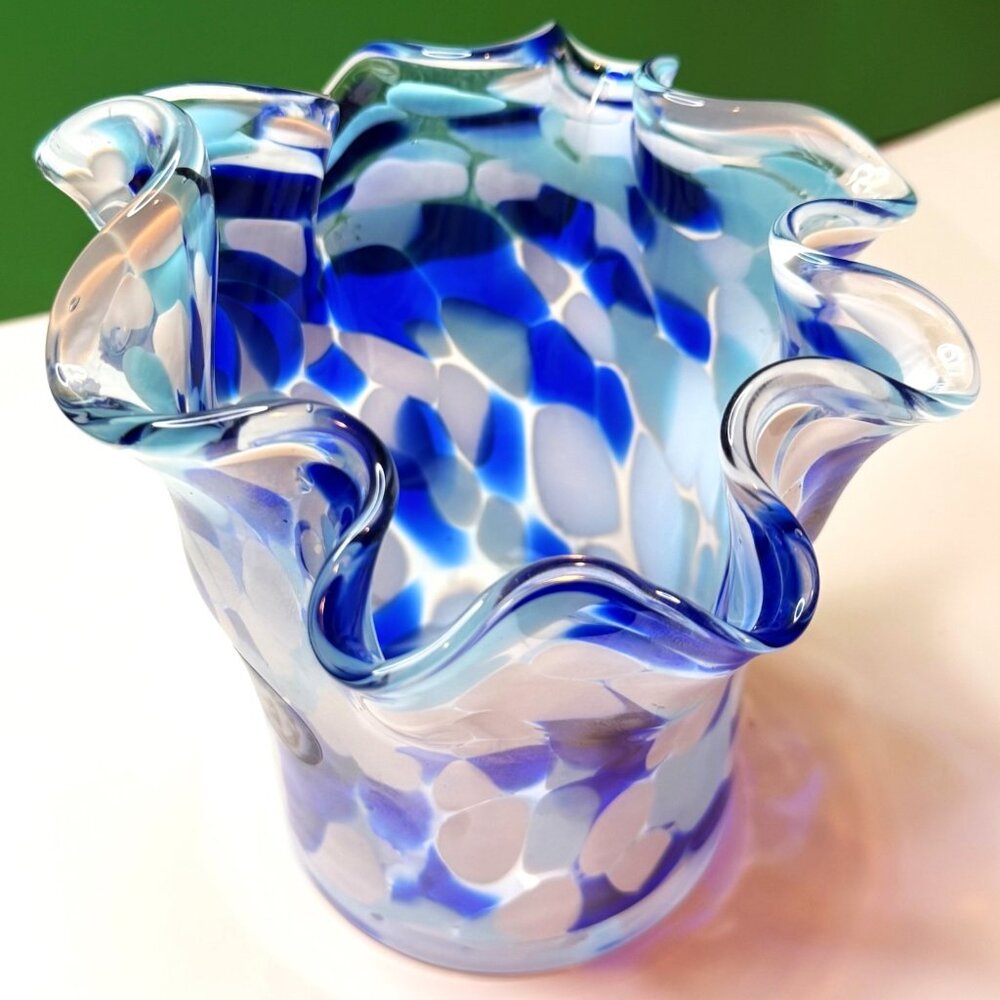 Handmade Zorza Polish Art Glass Vase Blue White Ruffled Rim 7.5 in Mouth Blown